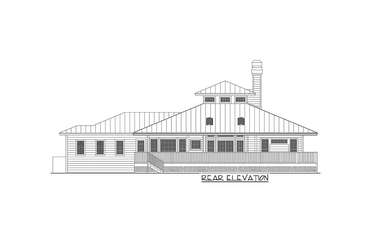Rear elevation house plan showing a long, low profile, large rear deck, and prominent gabled roofline with dormer windows.