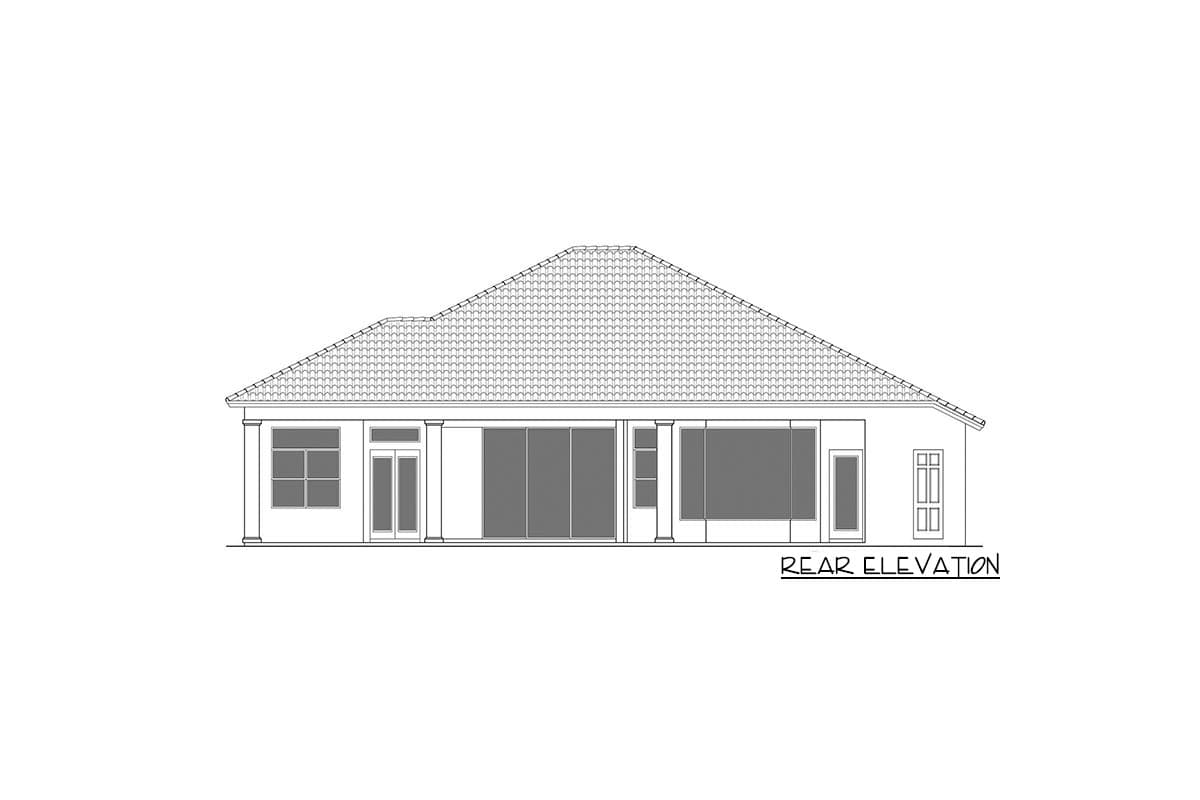 Rear elevation of a house plan showing a hip roof, multiple windows, a double door, and a single door.