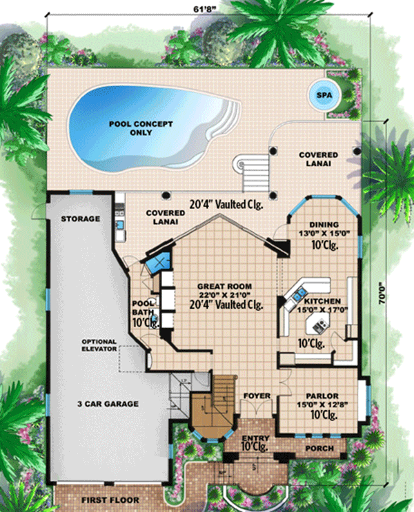 Plan 66068WE: Elevator and Elevated Walkways - Floor Plan - Main Level - Mediterranean