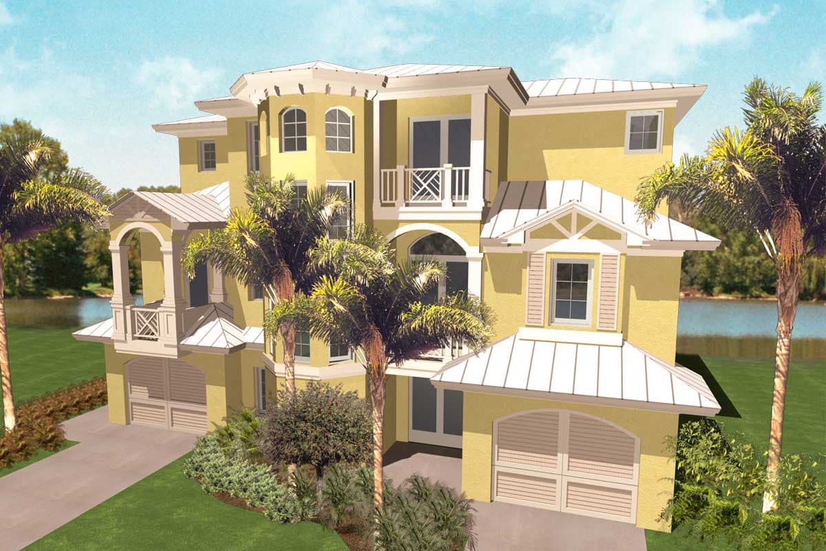 House plan exterior with multiple stories, arched windows, balconies, gabled dormers, and a hip roof.