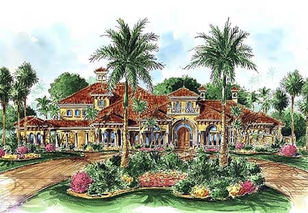 House plan exterior of a large Mediterranean-style residence with a tiled roof, arched entryway, multiple gables, and courtyard elements.