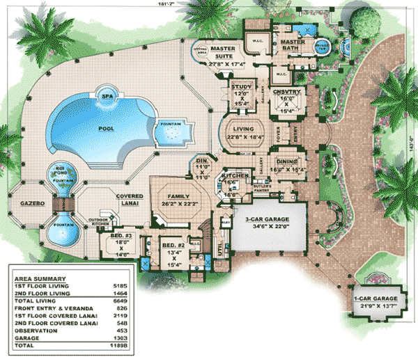 Plan 66071WE: Dream Estate - Floor Plan - Main Level - Florida-Style, Mediterranean, Spanish