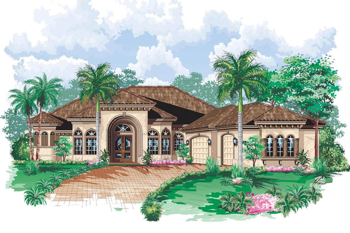 House plan exterior, one story, stucco finish, arched entryway, multiple gables, attached garage with carriage-style doors.