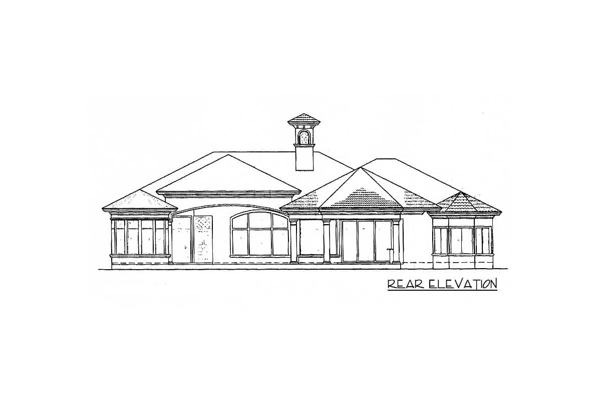 Rear elevation drawing of a house plan featuring a prominent chimney with a decorative cap and multiple rooflines.