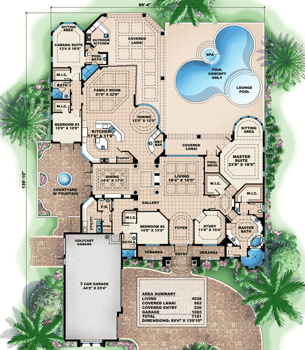 Plan 66075WE: Sprawling One-Story Mediterranean House Plan with Cabana - Floor Plan - Main Level - Florida-Style, Mediterranean
