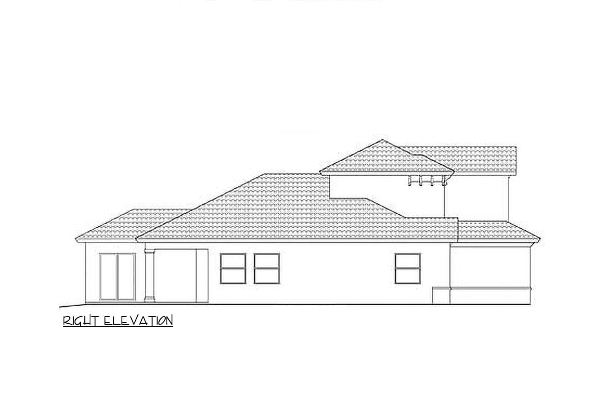Right elevation drawing of a two-story house plan with a tiled roof, multiple gables, and covered patio.