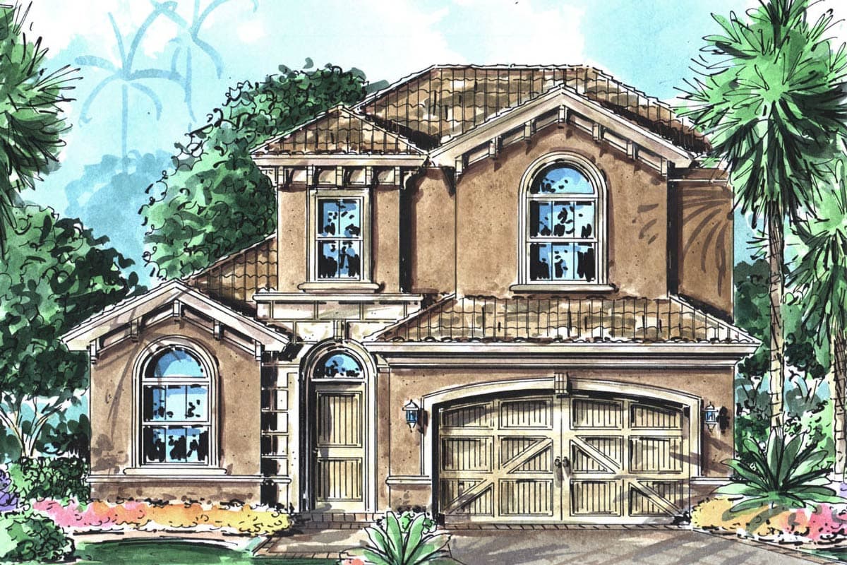 House plan exterior: Two-story Mediterranean style with arched windows, tiled roof, and a two-car garage.