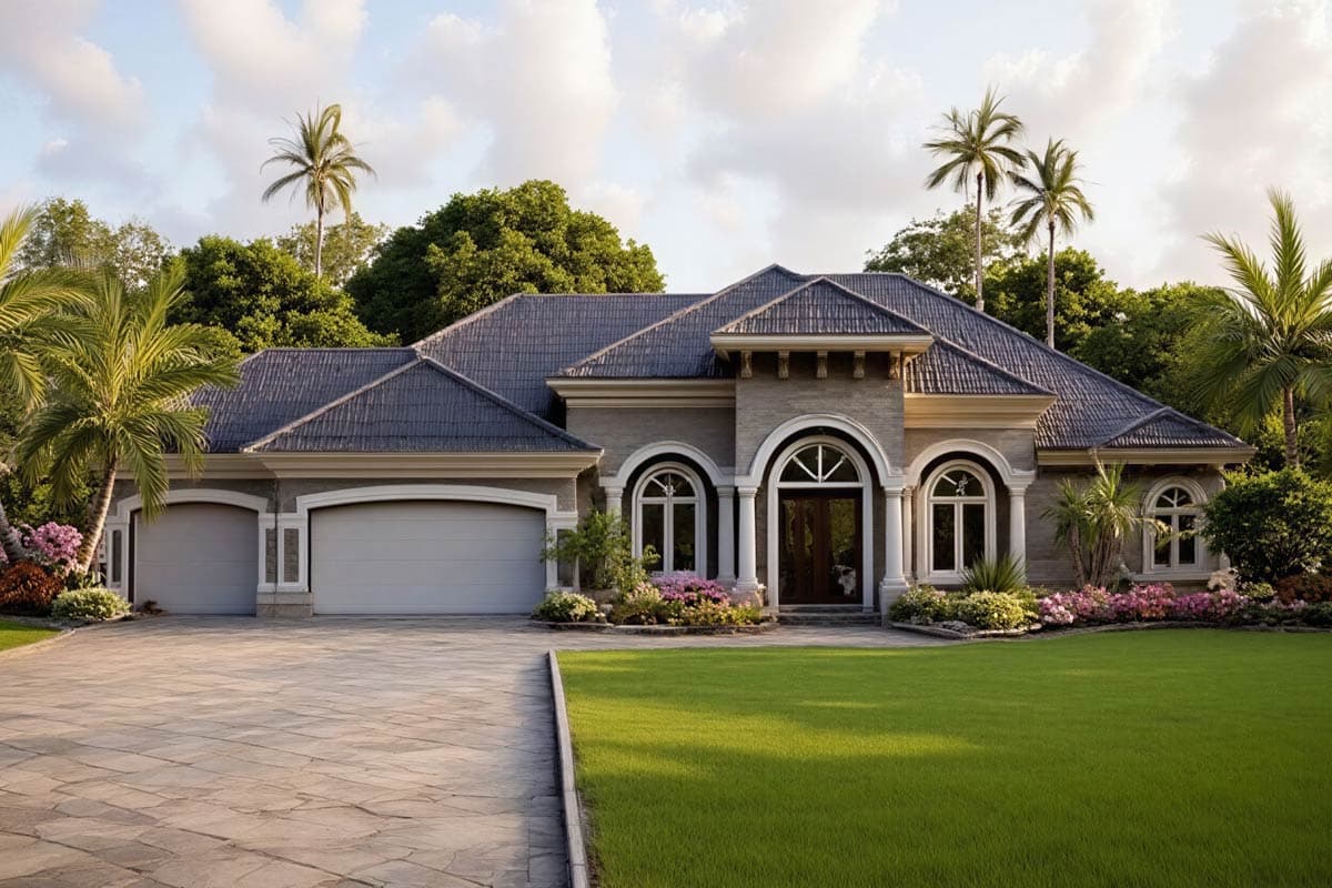 House plan exterior: single-story Mediterranean style with arched windows, a tile roof, and a three-car garage.