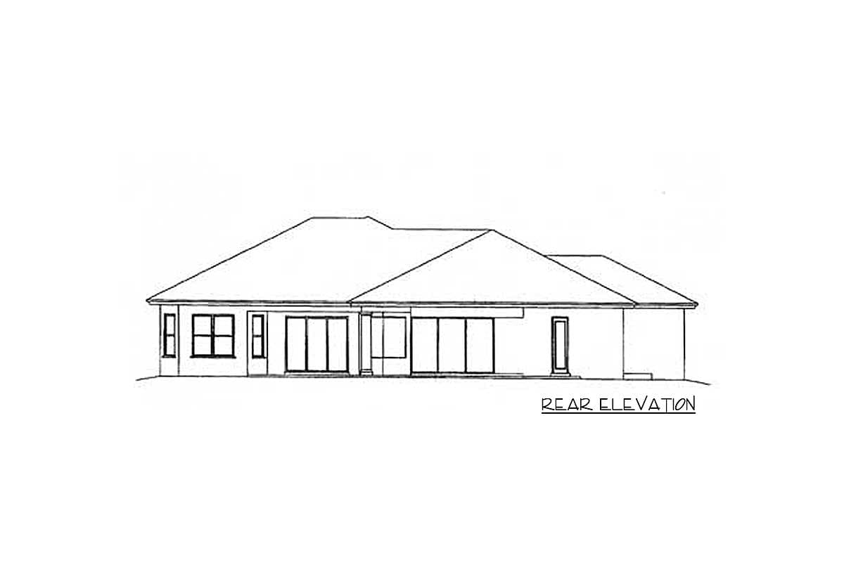 Rear elevation drawing of a one-story house plan with multiple sliding glass doors and windows.