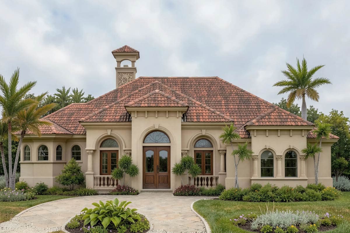House plan exterior: single-story Mediterranean style with tile roof, arched entry, and decorative chimney.