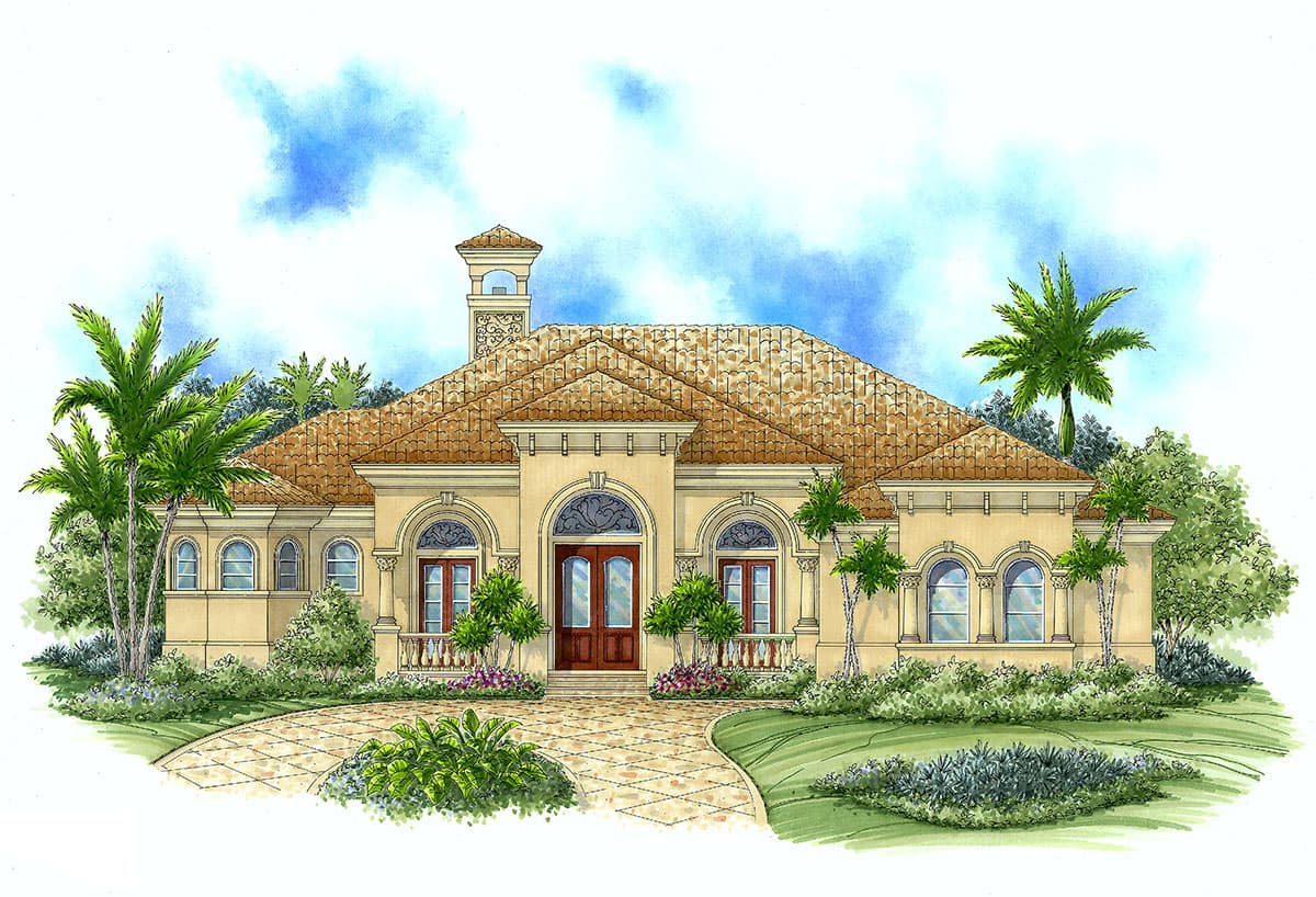 House plan exterior: single-story Mediterranean style with tile roof, arched entry, and decorative chimney.