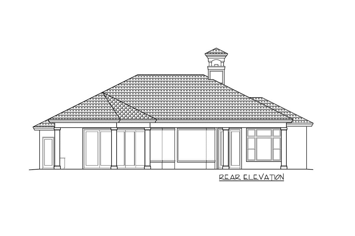 Rear elevation house plan showing a single-story home with a tiled hip roof, arched window, and prominent chimney.