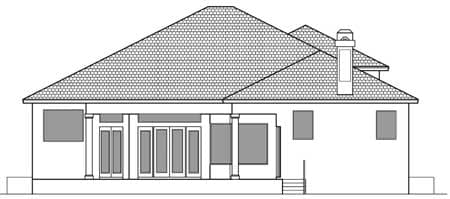 House plan exterior drawing showing a single-story home with a large hipped roof, multi-panel glass doors, and a prominent chimney.