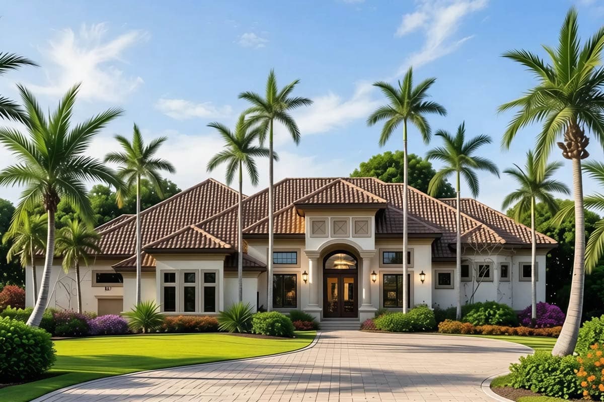 House plan exterior with Mediterranean style, single story, tile roof, arched entry, and symmetrical facade with multiple windows.