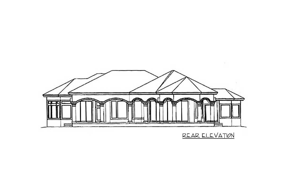 Rear elevation drawing of a single-story house with arched windows, a covered patio, and multi-level rooflines.