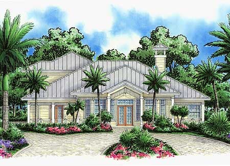 House plan exterior of a one-story home with a metal roof, wide porch, and double entry doors.