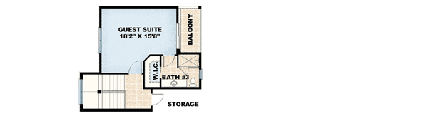 Floor plan showing a guest suite with balcony, walk-in closet, bath #3, storage, and staircase.