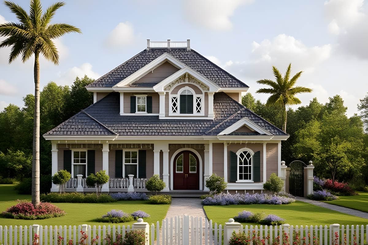 House plan exterior: Two-story home with a covered front porch, arched double front doors, multiple gables, and decorative dormer windows.
