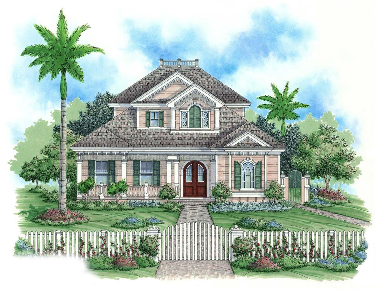 House plan exterior: Two-story Victorian-style house with a covered porch, dormers, arched windows, and a gambrel roof.
