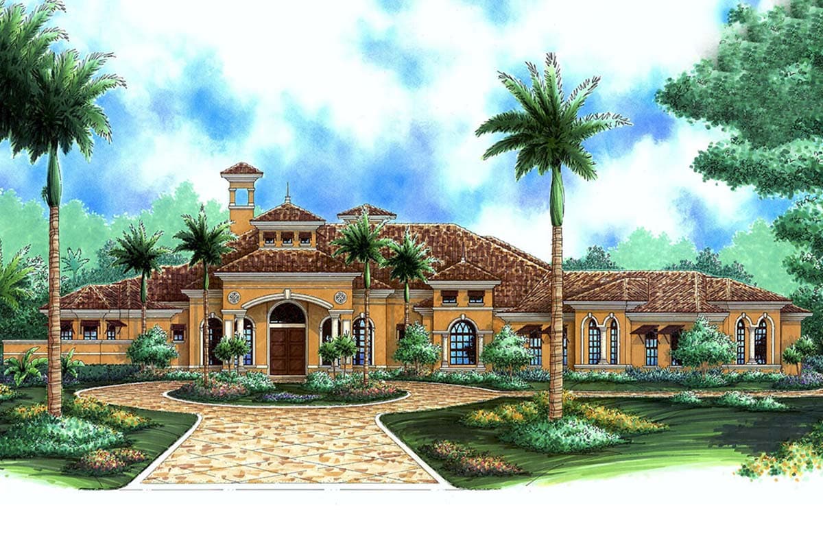 House plan exterior of a single-story Mediterranean-style home with arched windows, a central entryway, and a tile roof.