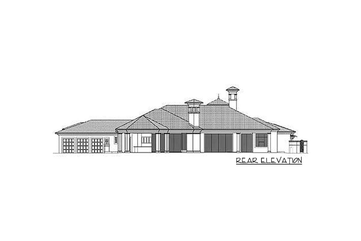 Rear elevation drawing of a single-story house plan with a three-car garage, tile roof, and multiple French doors.