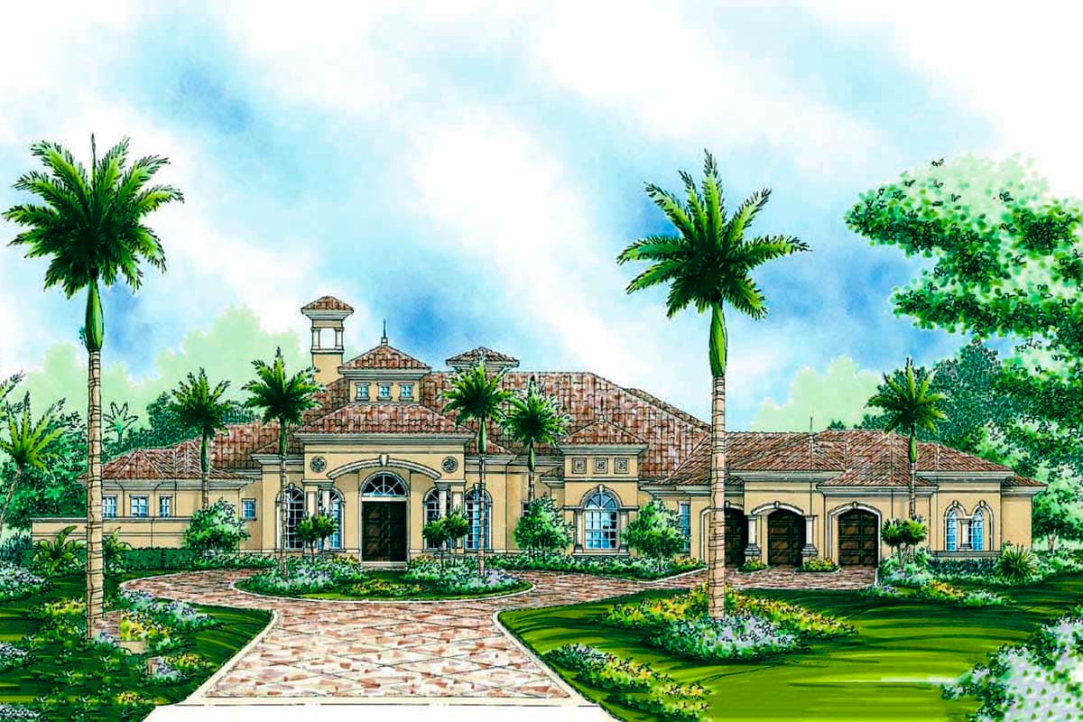 House plan exterior featuring a single-story Mediterranean style with a tiled roof, central arched entrance, and a three-car garage.