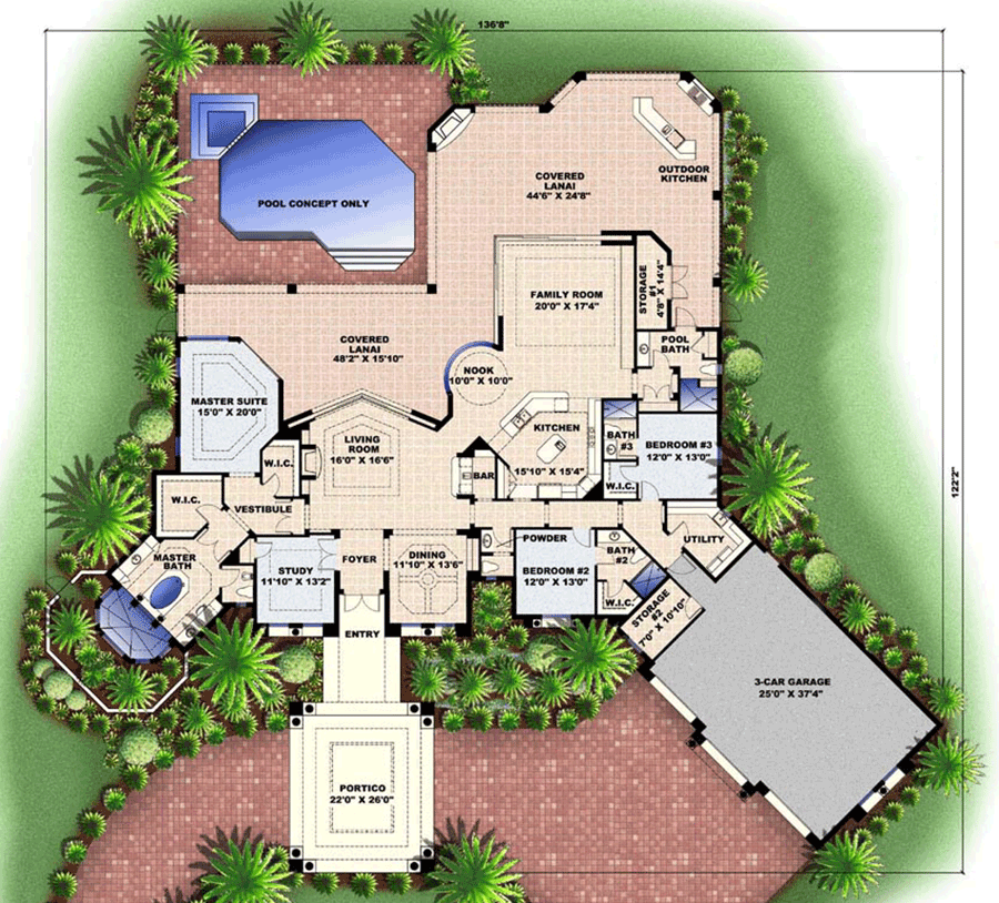Plan 66114BW: Mediterranean House Plan with Gracious Lanai and Garage Options - 3836 Sq Ft - Floor Plan - Main Level - Florida-Style, Mediterranean