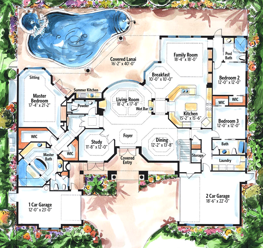 Plan 66115WE: Elegant Living and Magnificent Views - Floor Plan - Main Level - Florida-Style, Mediterranean, Tuscan
