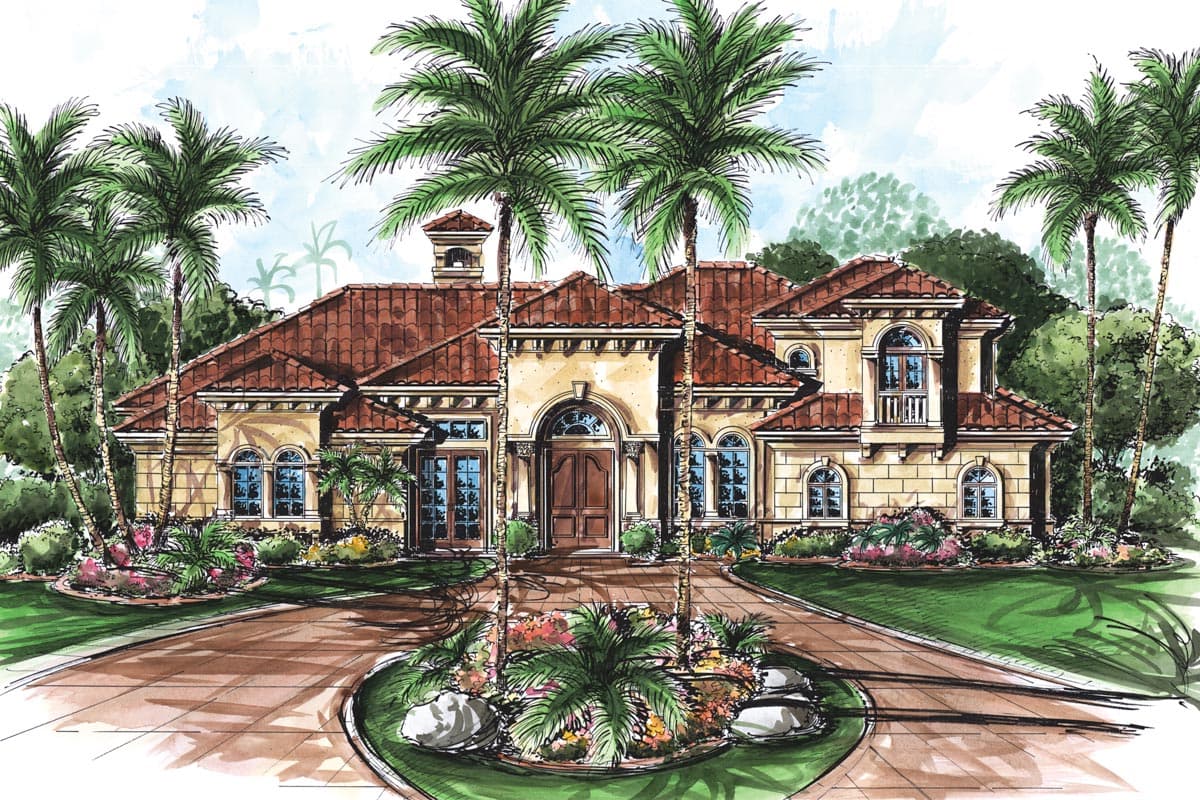 House plan exterior rendering with Mediterranean style, clay tile roof, arched entryway, and multiple dormers.