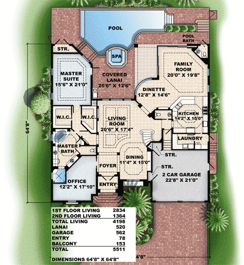 Plan 66121WE: Unique Mediterranean Design - Floor Plan - Main Level - Florida-Style, Mediterranean