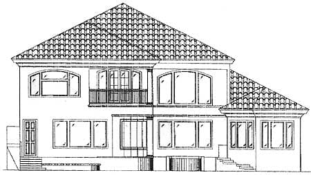 House plan rear elevation with tile roof, balcony, arched windows, and multiple glass doors.