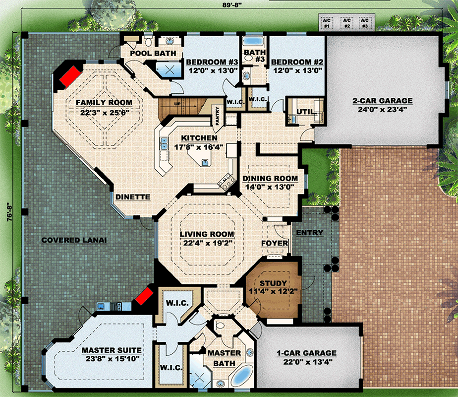Plan 66124WE: Mediterranean Florida Style House Plan with 4 Bedrooms and Lanai - Floor Plan - Main Level - Florida-Style, Mediterranean, Southern