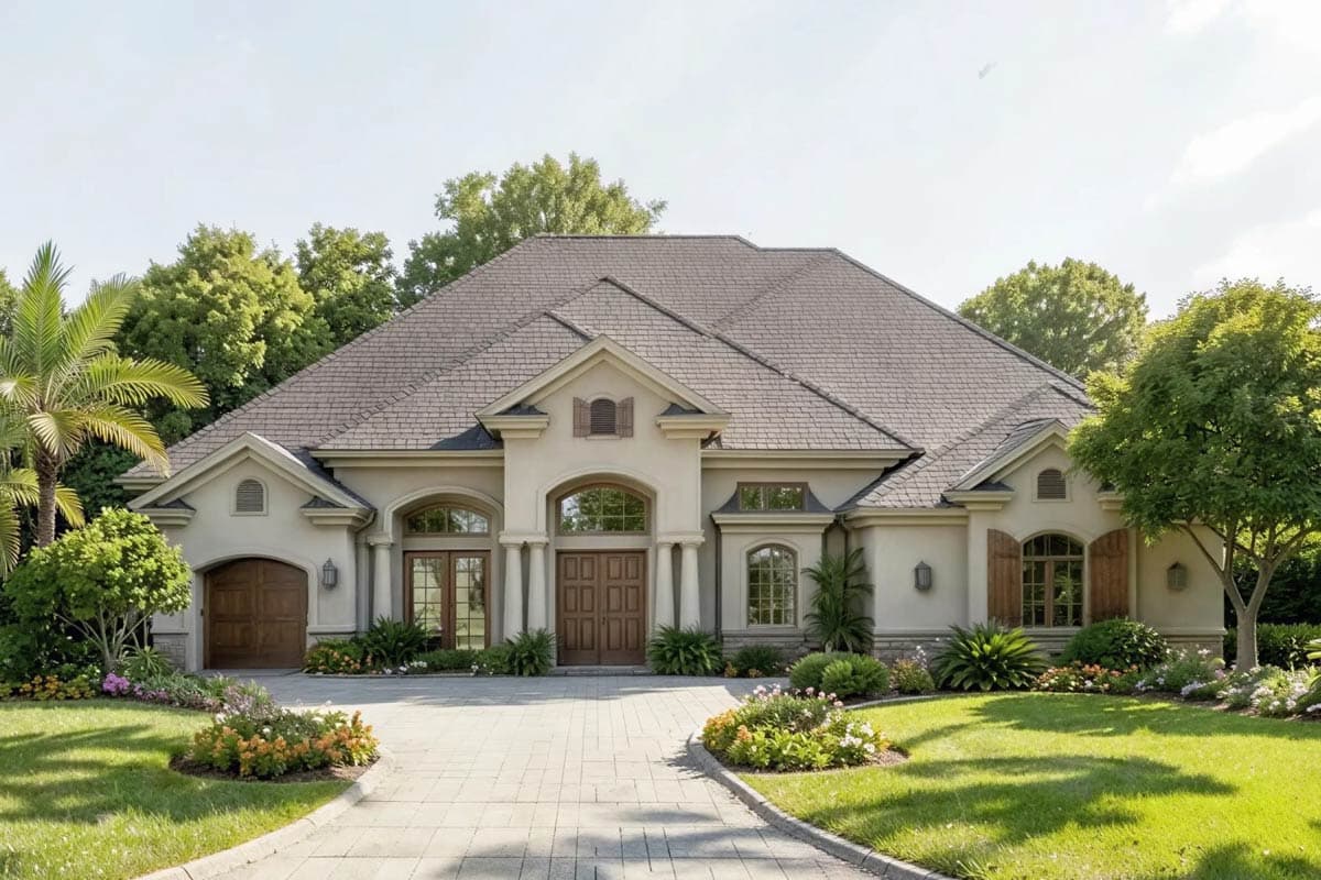 House plan exterior featuring a one-story, Mediterranean-style house with arched windows, a front-entry portico, and a prominent roofline.