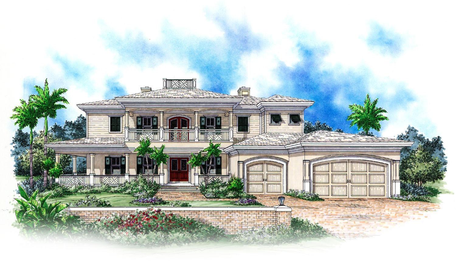House plan exterior. Two-story Mediterranean style with a covered porch, balcony, and attached garage with arched garage doors.