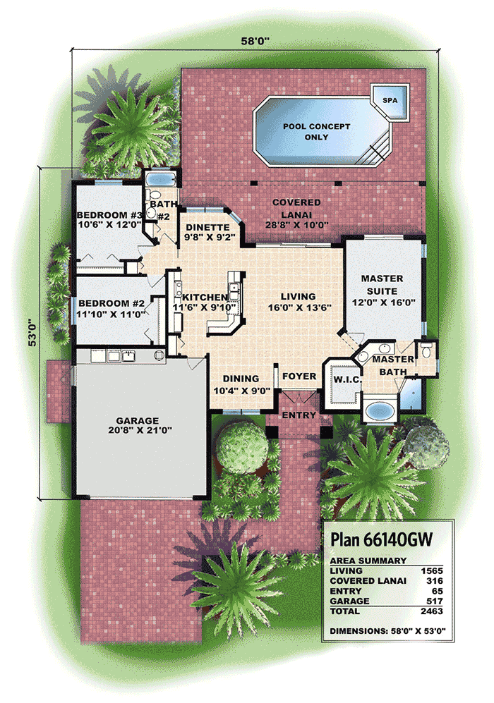 Plan 66140BW: Easy Living Florida-style House - Floor Plan - Main Level - Florida-Style, Mediterranean, Southern