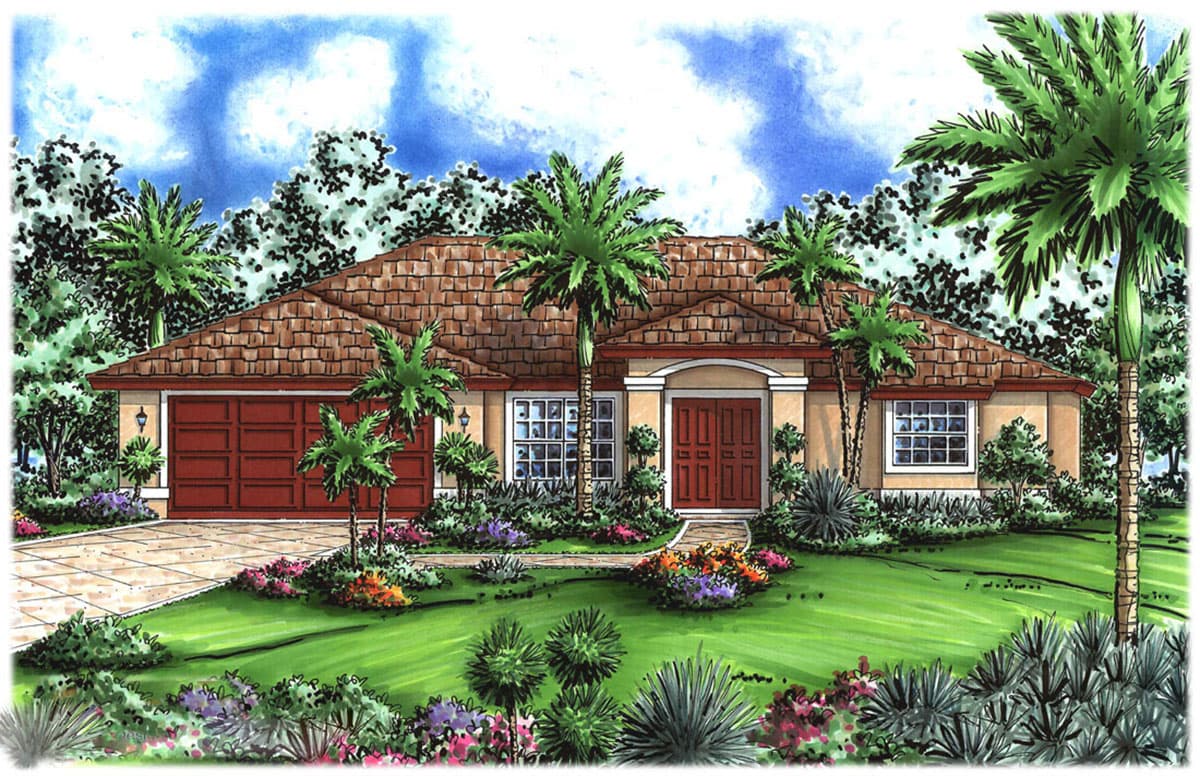House plan exterior, one story, Spanish style with double front doors, arched entryway, and two-car garage.