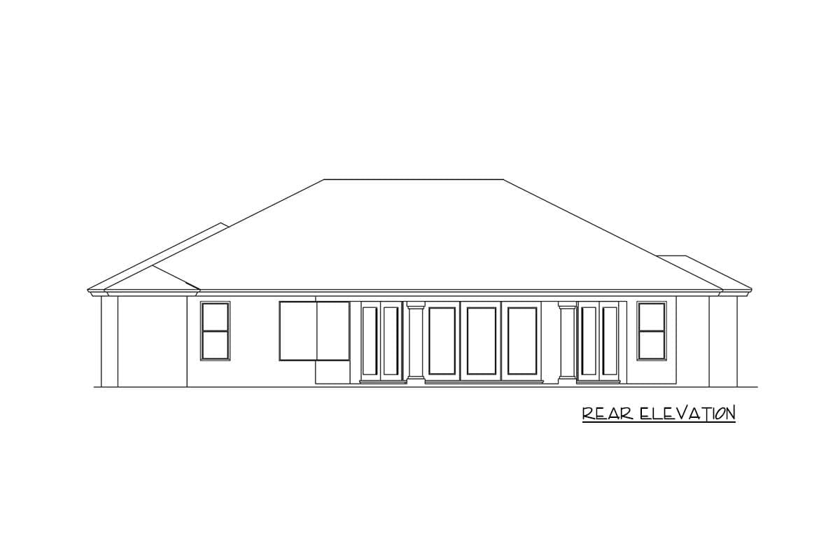 Rear elevation drawing of a single-story house plan with a prominent hip roof and a wall of windows.