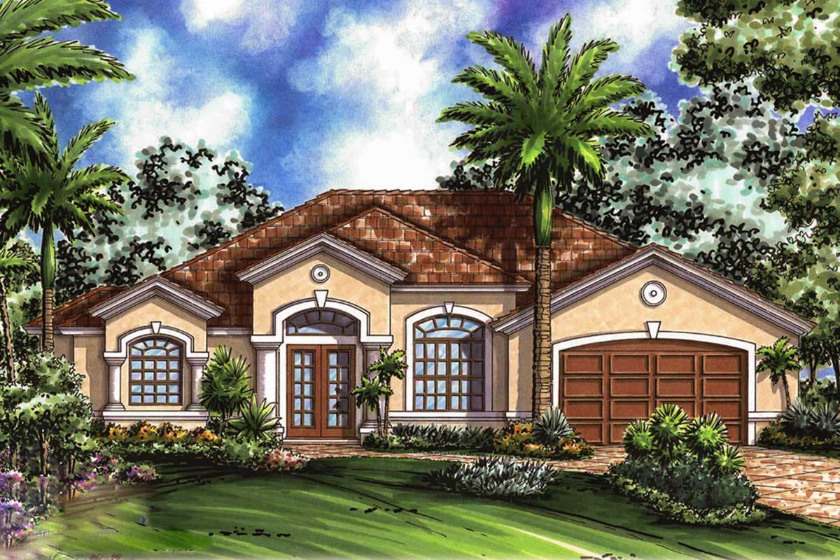 Plan 66152BW: One-Story Mediterranean House Plan with Lovely Lanai