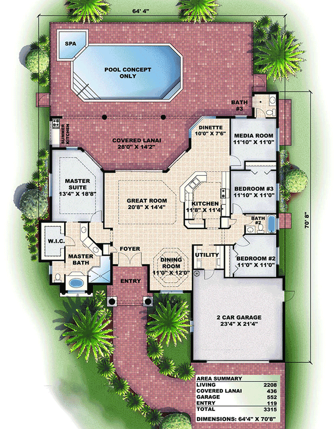 Plan 66152BW: One-Story Mediterranean House Plan with Lovely Lanai - Floor Plan - Main Level - Florida-Style, Mediterranean