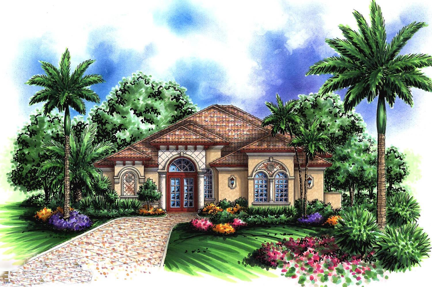 House plan exterior: Spanish style, one story, tile roof, arched entryway, arched windows, and decorative stonework.