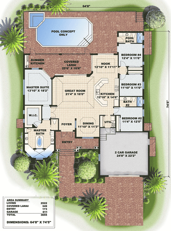 Plan 66160BW: Key West-Style House Plan with Outdoor Kitchen - 2522 Sq Ft - Floor Plan - Main Level - Florida-Style, Southern
