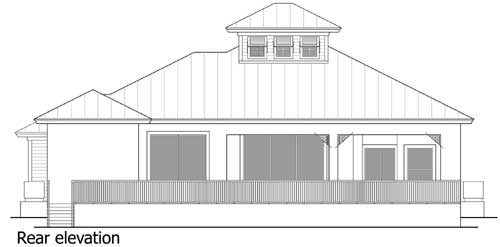 Rear elevation house plan with a hip roof, prominent dormer, and large glass doors opening to a deck.