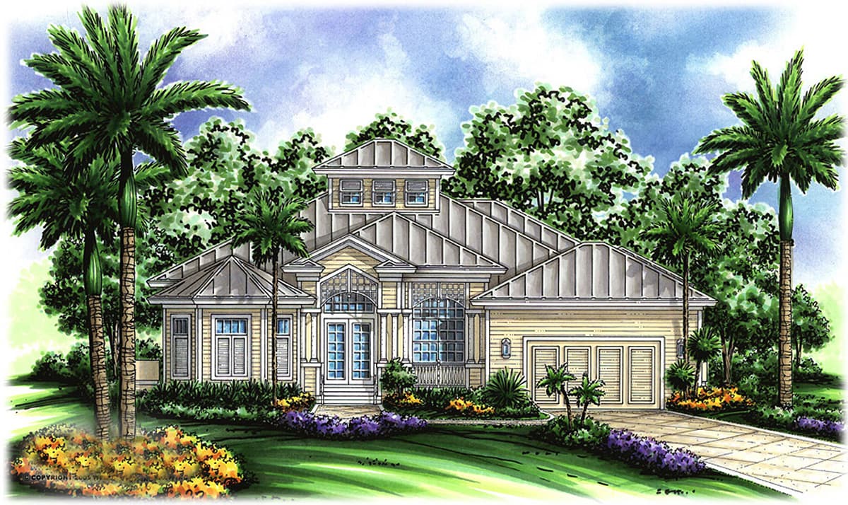 House plan exterior: Coastal style, two stories, metal roof, prominent gables, double garage, and covered entryway with arched transom.