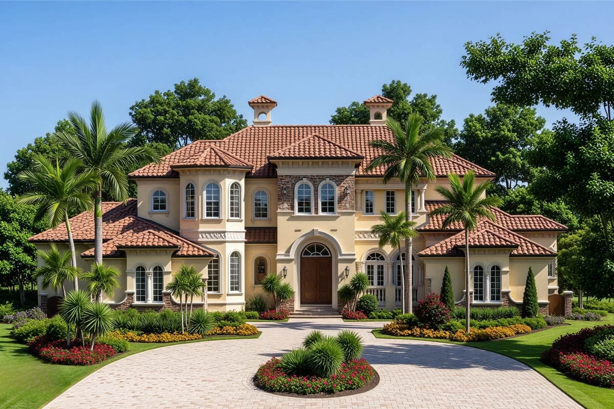 House plan exterior: Mediterranean style, two stories, arched windows, tile roof, prominent entrance with stone accents.