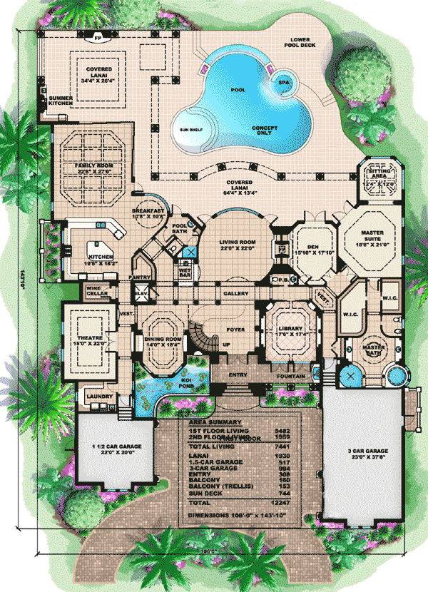 Plan 66164WE: Palatial Elegance - Floor Plan - Main Level - Florida-Style, Mediterranean