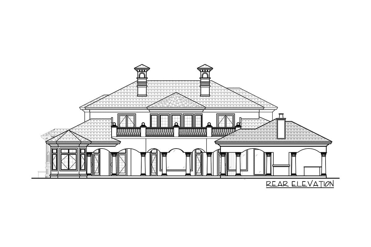 Rear elevation drawing of a two-story house plan with arched portico, balustrade balcony, and decorative chimneys.