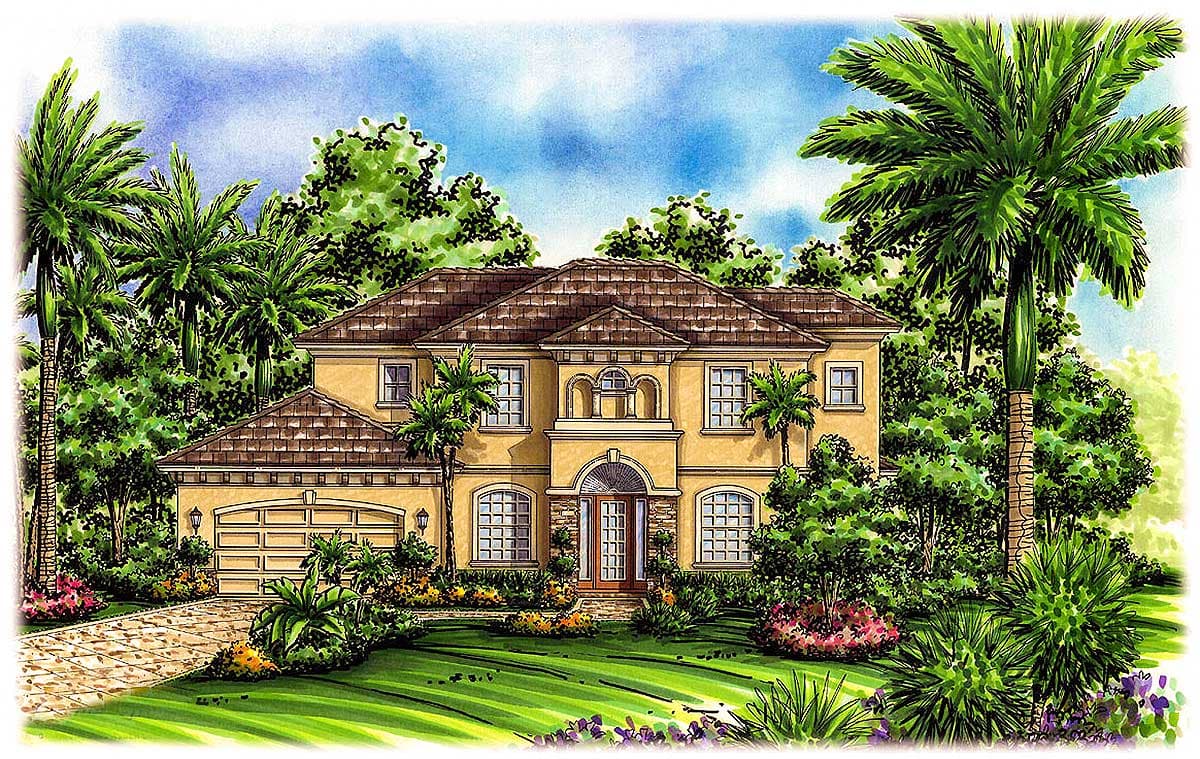 House plan exterior: Two-story Mediterranean style home with tile roof, arched entry, and a side-facing garage.