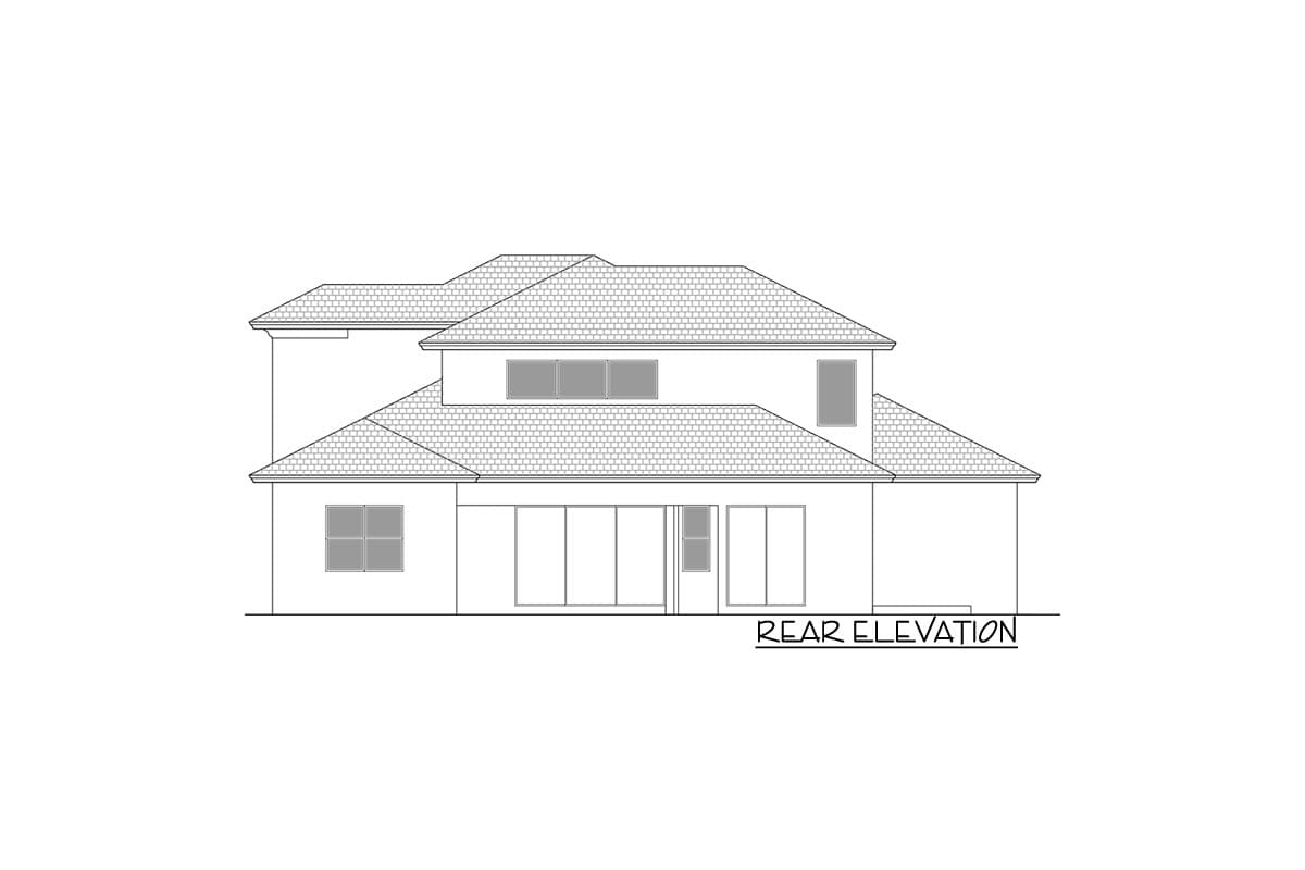 Rear elevation drawing of a two-story house plan with multiple gables, a tiled roof, and large sliding glass doors.