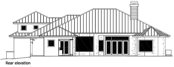 Rear elevation drawing of a house plan featuring a two-story section, covered entry, multiple large windows, and a gabled roofline.