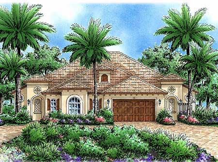 House plan exterior, Mediterranean style, one story, arched entry, tile roof, dormer, and attached garage.